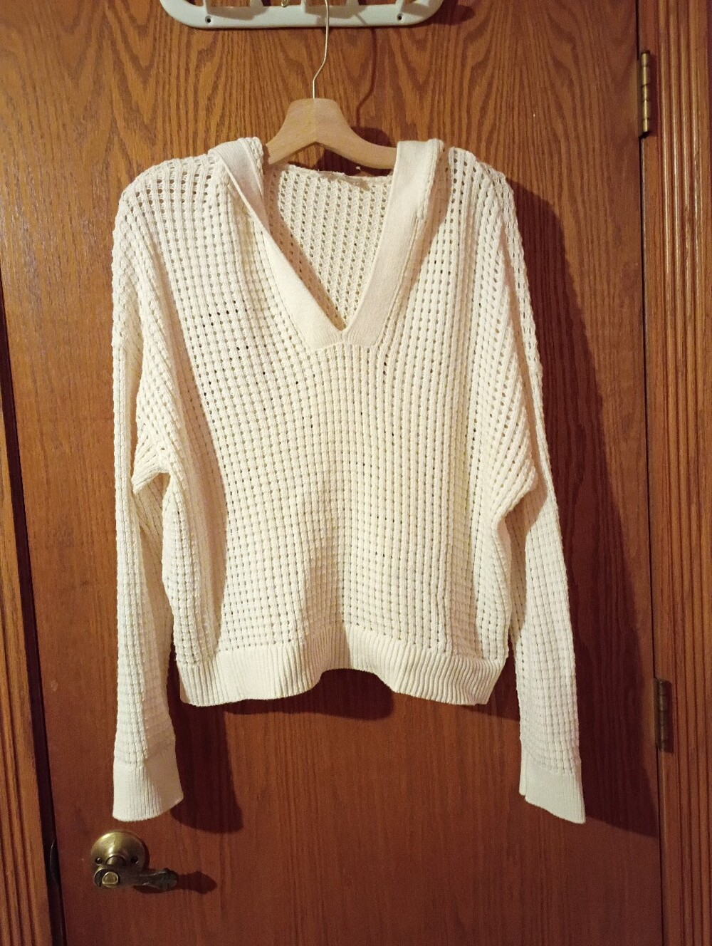 LOFT Cream Waffle-Knit V-Neck Hooded Sweater